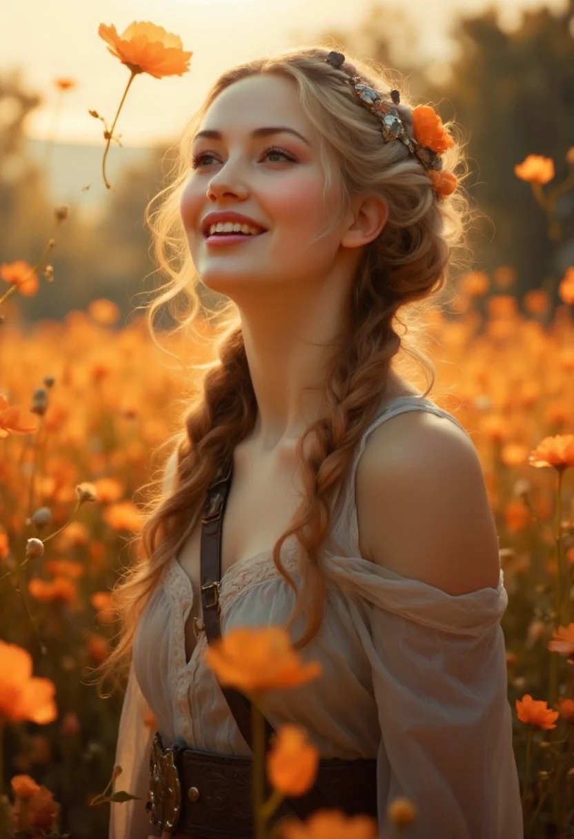 UHD 32k epic fantasy movie still, half-body portrait, photograph, a smiling beautiful 20-year old warrior princess looking up twirling in a field of flowers, beautiful sunny outdoors background, cinematic realism, high action pose, perfect pupils, insanely detailed faces, correct digits, realistic skin, intricately detailed, dimly lit, perfect eyes, perfect pupils, expressive eyes, texture, in the style of dmai, aidmaRealisticPeoplePhotograph