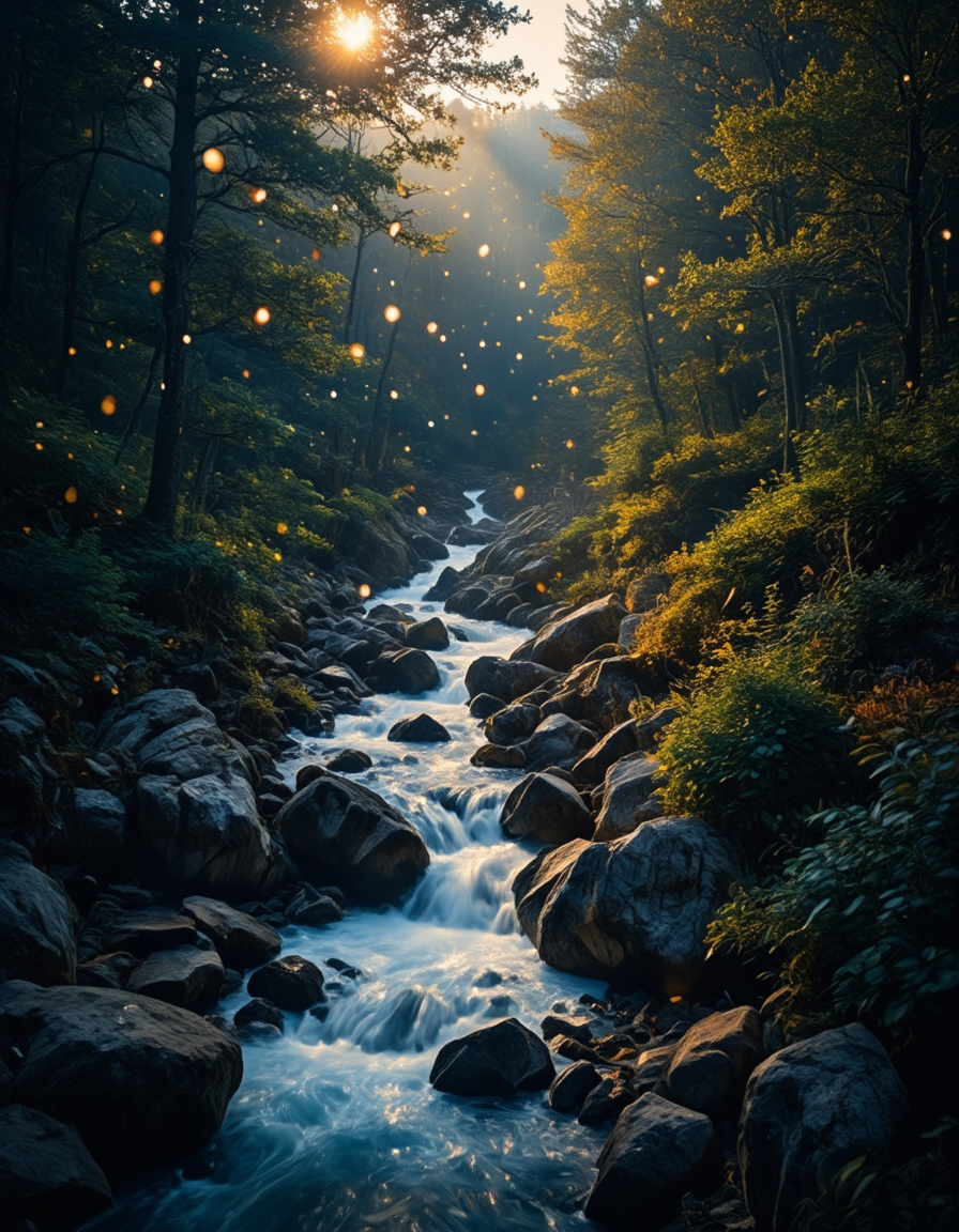 <lora:Medieval_Worlds_Scenery01bflux:1> mwl01, scenery, bokeh, trees, fantasy, rocks, shiny diamonds, photo, small river