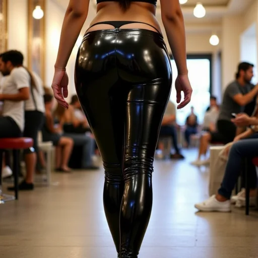 black shiny tight-fitting pants that hug her lower body., revealing a black thong that exposes a significant amount of her buttocks, whaletail. she is walking through a cafe