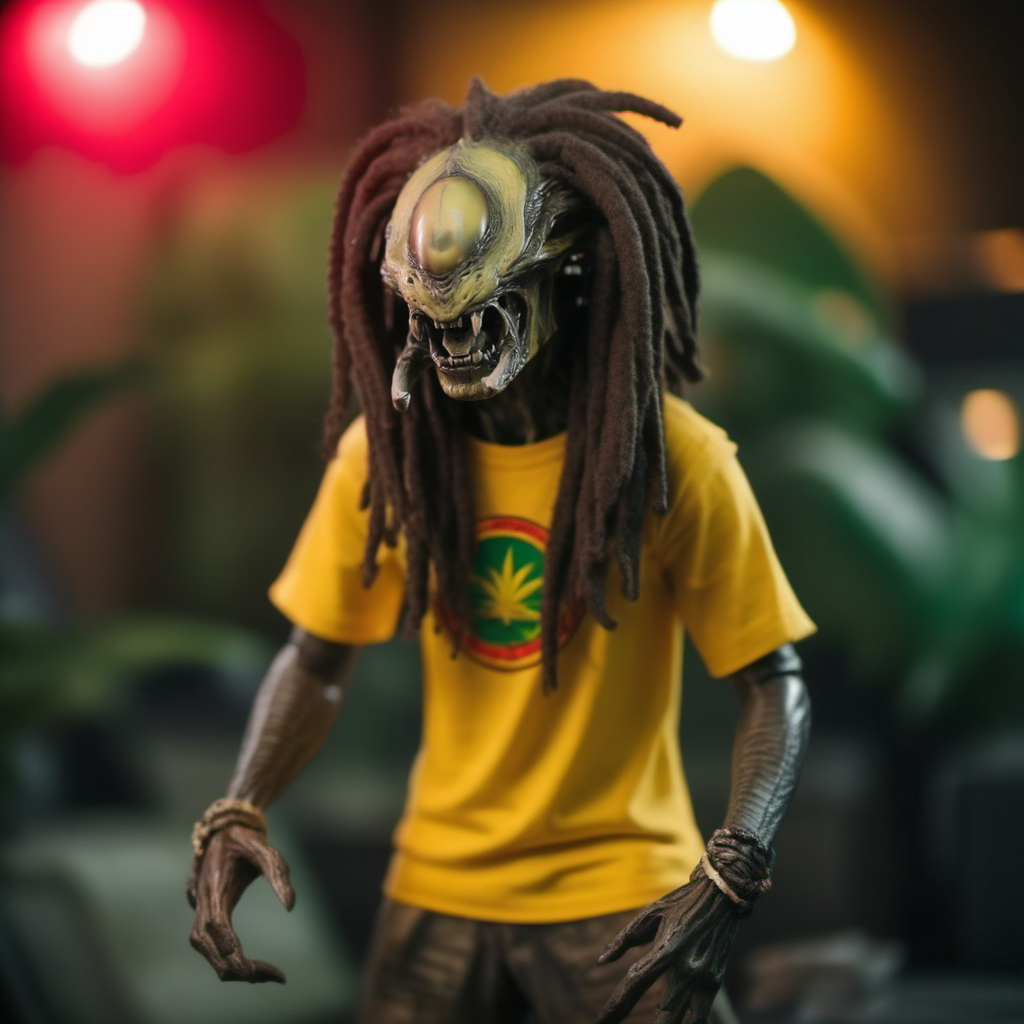 an alien with dreadlocks, full body, dressed as a rasta, (((wears a  yellow rasta tshirt))), marijuana, jamaica background <lora:Predalien1024:0.8>