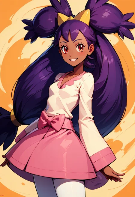 score_9, score_8_up, score_8, medium breasts, (curvy), cute, eyelashes,
rating safe,
BREAK,
iris \(pokemon\), purple hair, long hair, red eyes, dark skin, big hair, hair ornament, white leggings, long sleeves, miniskirt, pink skirt,
BREAK,
smile, looking at viewer,
abstract dragon background,
zPDXL,