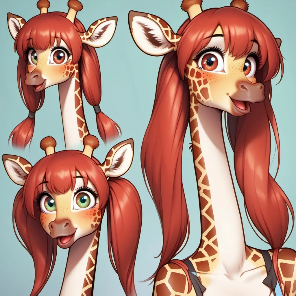 score_9, score_8_up, score_8_up, M4dd13G1r4ff3, anthro giraffe, portrait, multiple views, red eyes, green eyes, blue eyes, red hair, green hair, blue hair, twintails, smiling, mouth open