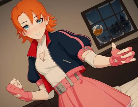 score_9, score_8_up, score_7_up, source_anime, <lora:nora-valkyrie-ponyxl-lora-nochekaiser:1>, nora valkyrie, blue eyes, medium hair, orange hair,, skirt, shirt, gloves, jacket, short sleeves, open clothes, puffy sleeves, belt, fingerless gloves, open jacket, puffy short sleeves, clothing cutout, cleavage cutout, pink skirt, pink gloves, heart cutout, indoors, bed, bed room, on side, blush, drunk, looking at viewer, solo, cowboy shot, dutch angle