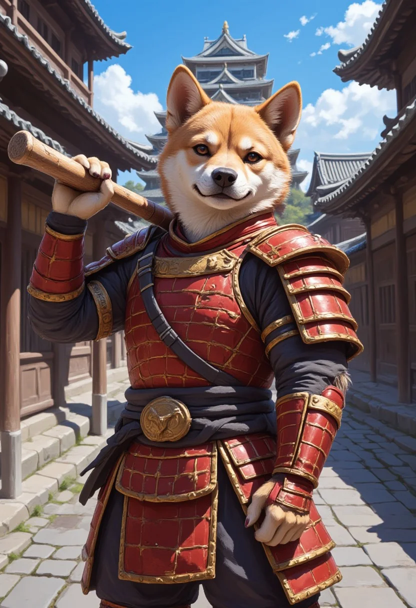 anthr0dnd, The image is a digital painting in a fantasy art style, depicting an anthropomorphic doge dressed in samurai armor, holding a baseball bat over its shoulder, standing on a stone street in front of a traditional Japanese castle. The anthro shiba inu, with relaxed and confident expression, wears red and gold armor. It is a beautiful summer day and the blue sky is clear. The courageous and virtuous doge is a protector of the innocent. mysterious, atmospheric, vibrant, high contrast of shadow and light, portrait, anime style oil painting