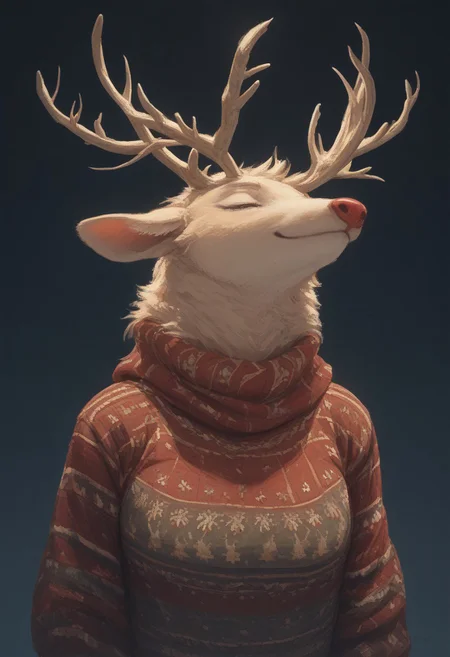score_9, score_8_up, score_7_up, score_6_up, score_5_up, score_4_up, masterpiece, ultra-detailed, high resolution,
christmas_sweater, 1girl, furry, fur, fur covered, reindeer, antlers, red nose,scarf, christmas, sweater, beautiful smile, closed mouth,closed lips