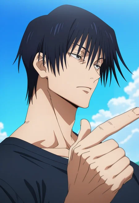 masterpiece, best quality, , anime screencap, anime coloring, official style, , 1boy, solo, male focus, <lora:touji_fushiguro_ilxl:0.9>, touji_fushiguro, black hair, black eyes, short hair, hair between eyes, bangs, , , from side, armory, day, sunny, pointing, expressionless,