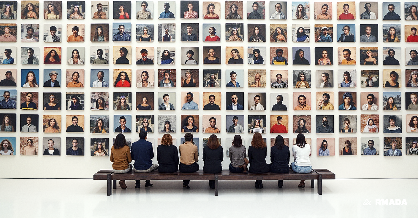 Creative photography,  a group of people gathered in front of a wall adorned with numerous photographs. The individuals are seated on a bench, their faces blurred to preserve their anonymity. The background is a stark white, providing contrast and highlighting the subjects. The lighting appears natural, casting soft shadows that add depth and dimension to the scene. The perspective suggests an overhead view, giving a sense of scale and grandeur to the gathering. The photographs on the wall are diverse in size and shape, creating a mosaic-like effect., innovative and creative artistic photography, with effects and perspective, colors, and creative and artistic dynamism