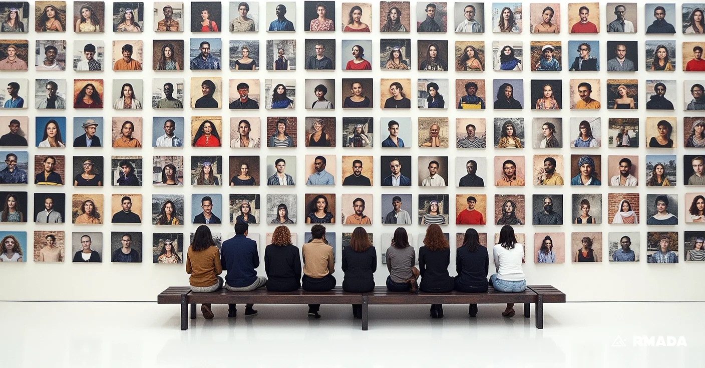 Creative photography, a group of people gathered in front of a wall adorned with numerous photographs. The individuals are seated on a bench, their faces blurred to preserve their anonymity. The background is a stark white, providing contrast and highlighting the subjects. The lighting appears natural, casting soft shadows that add depth and dimension to the scene. The perspective suggests an overhead view, giving a sense of scale and grandeur to the gathering. The photographs on the wall are diverse in size and shape, creating a mosaic-like effect., innovative and creative artistic photography, with effects and perspective, colors, and creative and artistic dynamism
