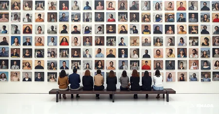 Creative photography, a group of people gathered in front of a wall adorned with numerous photographs. The individuals are seated on a bench, their faces blurred to preserve their anonymity. The background is a stark white, providing contrast and highlighting the subjects. The lighting appears natural, casting soft shadows that add depth and dimension to the scene. The perspective suggests an overhead view, giving a sense of scale and grandeur to the gathering. The photographs on the wall are diverse in size and shape, creating a mosaic-like effect., innovative and creative artistic photography, with effects and perspective, colors, and creative and artistic dynamism