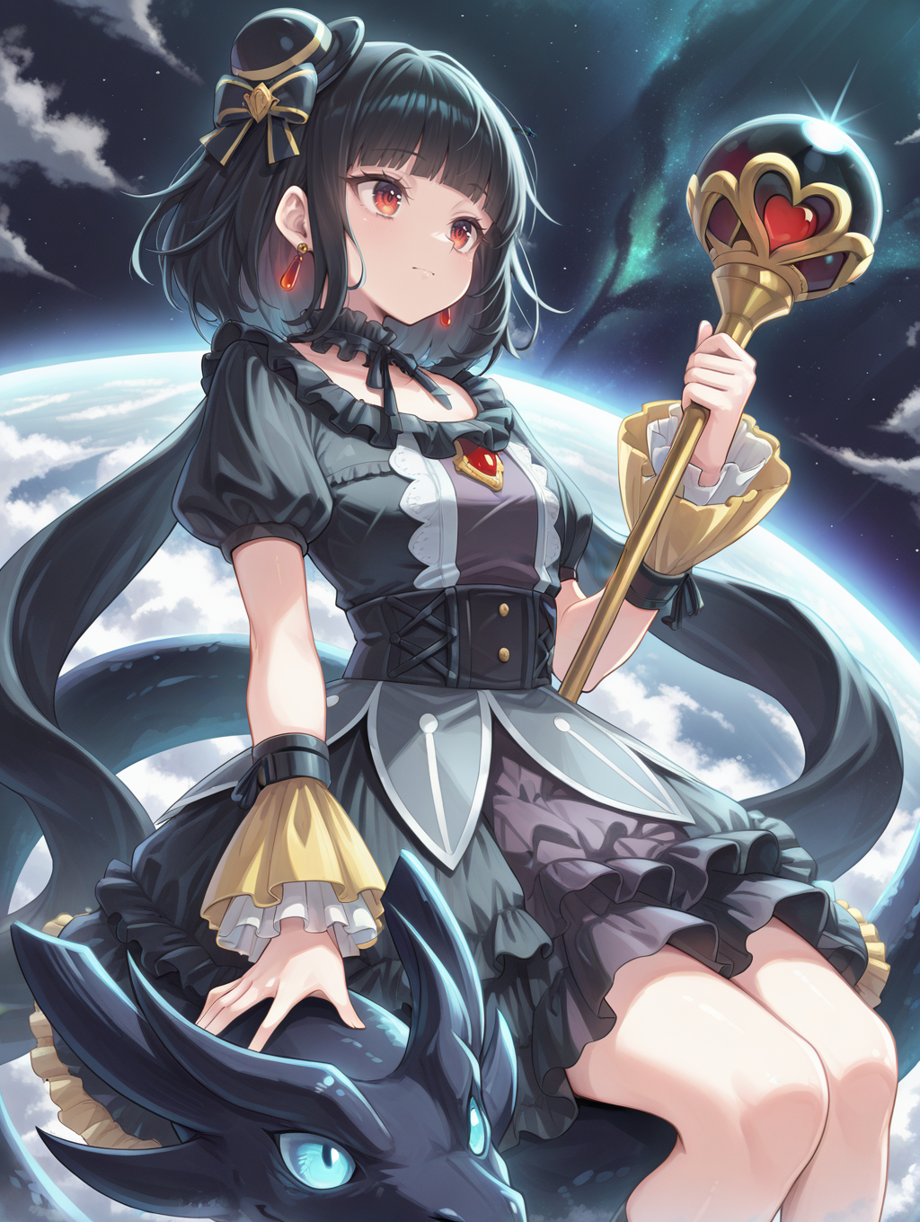 blunt bangs,moon of the closed heaven,1girl,solo,red earrings,closed mouth,staff,holding staff,riding,black frilled choker,black mini hat,cloud,black princess dress,yellow wrist cuffs,black dragon,1other,space,
masterpiece,best quality,amazing quality,very aesthetic,apussbsurdres,newest,<lora:Moon of the Closed Heaven illuXL v1.1:0.72>,