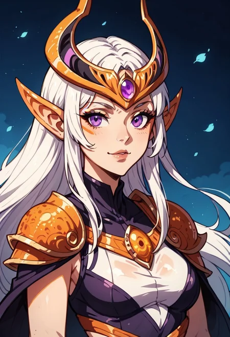 score_9, score_8_up, score_7_up, SyndraNormal, white hair, purple eyes, 1woman, solo, witch_outfit made of orange peel, crown made of orange peel, <lora:Orange_Peel:0.8>, orange peel, A pastel-colored portrait. (rating_safe:1.2)