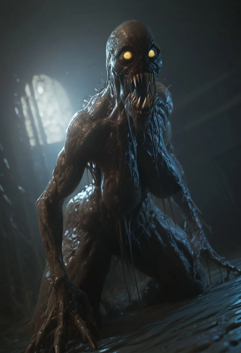 <lora:fangs_jaws-000009:0.9>, torn mouth, score_9, score_8_up, score_7_up, great lighting, bright moonlight, score_6_up, sagging breasts, long breasts, empty breasts, female old wrinkled demonic deep one, clammy skin, long tangled stringy black hair, from behind, spread ass, excessive pubic hair, hairy crotch, long dense pubic hair, tangled dense pubic hair, empty sagging long tubular withere breasts, withered wrinkled old body,
, jaws, , black tongue, teeth, clammy wrinkled skin, front view, clammy oily skin, rotted scaly evil smile. Satisfied smile, oiled skin, withered old saggy breasts, black nipples, yellow eyes, black pupils, post orgasm, rotting old church made of wooden boards at night background, horror, scary face, monstrous, evil, claws, moonlight, Expressiveh, g0thicPXL, glowing, neon,, zPDXL2,