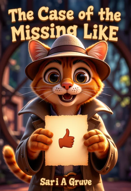 Book cover. The furry cat detective in a hat and trench coat holds a piece of paper with Thumbs Up emoji in it. The book title is written at the top of the image: "The Case of the Missing Like".
<lora:Cute_3d_Cartoon_Flux:0.6>