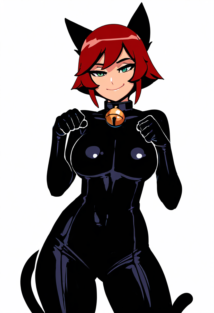 (masterpiece, best quality, good quality, very aesthetic, absurdres, newest:1.2),    <lora:BreedingSeason_NAI:0.7>,   1girl, breasts, short hair, large breasts, thighhighs, gloves,  animal ears, medium breasts, red hair, solo, elbow gloves, cat ears, collar, bell, jingle bell, neck bell, cat tail,  bodysuit, contrapposto, curvy, cowboy shot, smile, looking at viewer,