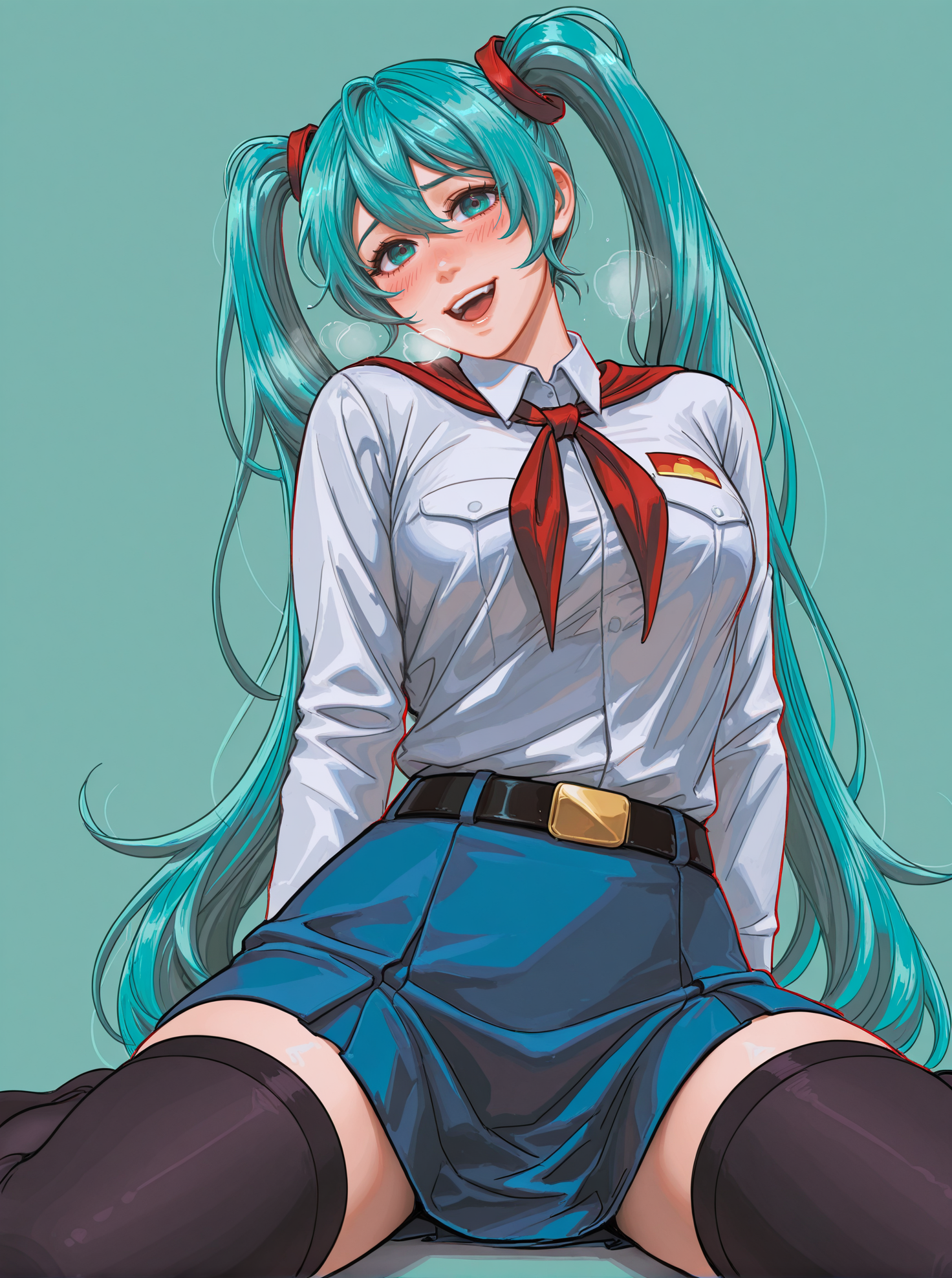1girl, solo,n0riuma_illu, artist:Sakimichan:0.2, artist:Sciamano240:0.3, by j.k:0.6, by hoshi san 3:0.1, miku_es, aqua hair, aqua eyes, twintails, 1girl, solo, looking at viewer, wariza, aqua background, simple background, looking at viewer, smile, sitting, white collared shirt, narrow thighs,  red neckerchief, blue skirt, belt, leaning back, open mouth, heavy breathing, black thighhighs, shy, blush, low angle, dynamic composition,dutch angle, depth of field, cyan theme,detailed backgroud,foreshortening,blurry edges, soft lighting, intricate details , depth of field, foreshortening,(masterpiece, best quality), safe, amazing quality, very aesthetic, absurdres, highres, newest, <lora:n0riuma_style:1>, <lora:Miku_ES_IL_v1:0.7>