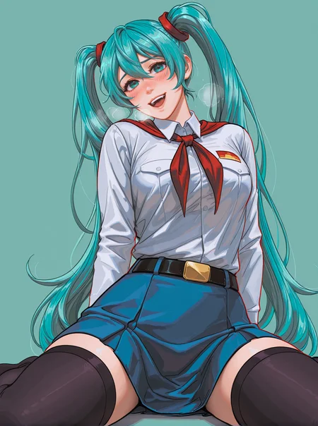 1girl, solo,n0riuma_illu, artist:Sakimichan:0.2, artist:Sciamano240:0.3, by j.k:0.6, by hoshi san 3:0.1, miku_es, aqua hair, aqua eyes, twintails, 1girl, solo, looking at viewer, wariza, aqua background, simple background, looking at viewer, smile, sitting, white collared shirt, narrow thighs, red neckerchief, blue skirt, belt, leaning back, open mouth, heavy breathing, black thighhighs, shy, blush, low angle, dynamic composition,dutch angle, depth of field, cyan theme,detailed backgroud,foreshortening,blurry edges, soft lighting, intricate details , depth of field, foreshortening,(masterpiece, best quality), safe, amazing quality, very aesthetic, absurdres, highres, newest, <lora:n0riuma_style:1>, <lora:Miku_ES_IL_v1:0.7>