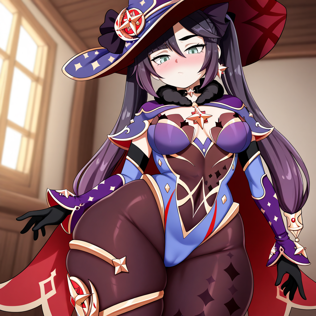 (masterpiece,amazing quality,best quality,anime coloring),<lora:blackwhiplash(bwl)-guy90-Illust-Lycorisv1:1>,blaash,<lora:astroo:0.8>,(wide hips,large breasts,curvy:1.1),
<lora:Mona:1>,MONAIL,1girl,solo,long hair,breasts,looking at viewer,blush,bangs,gloves,hat,twintails,medium breasts,green eyes,purple hair,pantyhose,detached sleeves,choker,black gloves,cape,leotard,covered navel,witch hat,bodystocking,thighlet,purple headwear,purple leotard,cowboy shot,mona \(genshin impact\),