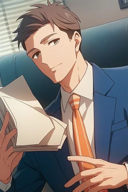 (score_9, score_8_up, score_7_up), (source anime, best quality, best aesthetic, perfect anatomy), 1boy, kentaro momose, male_focus, handsome detailed face, black eyes, black jacket, blue jacket, collared shirt, slim body, skinny, orange necktie, solo, modern office, portrait, <lora:aesthetic_anime_v1s:0.8>, <lora:Kentaro Momose_PDXL:0.85>