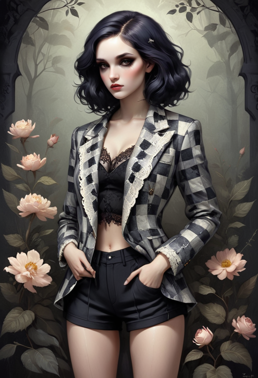Snake, Tom Bagshaw, checkered jacket and black shorts, cute feminine features, contrasts warm and cool color tones, combining fantasy with a botanical theme, bold lines, Lace, Damask, creating a luxurious and stylish feel, mysterious, portrays a serene  <lora:artfully_CONTRA:0.6>
