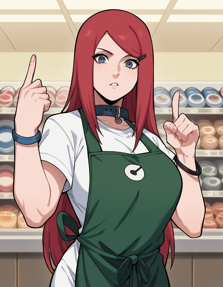 score_9, score_8_up, score_7_up, source_anime, <lora:kushina-uzumaki-shippuden-anime-ponyxl-lora-nochekaiser_r1:1>, kushina, long hair, hair ornament, red hair, hairclip, grey eyes, swept bangs, large breasts,, shirt, dress, jewelry, white shirt, short sleeves, apron, bracelet, green apron, collar,, music store, browsing records, headphones, vinyl collection, nostalgic, , looking at viewer, hand pointing index finger, solo,, cowboy shot, dutch angle
