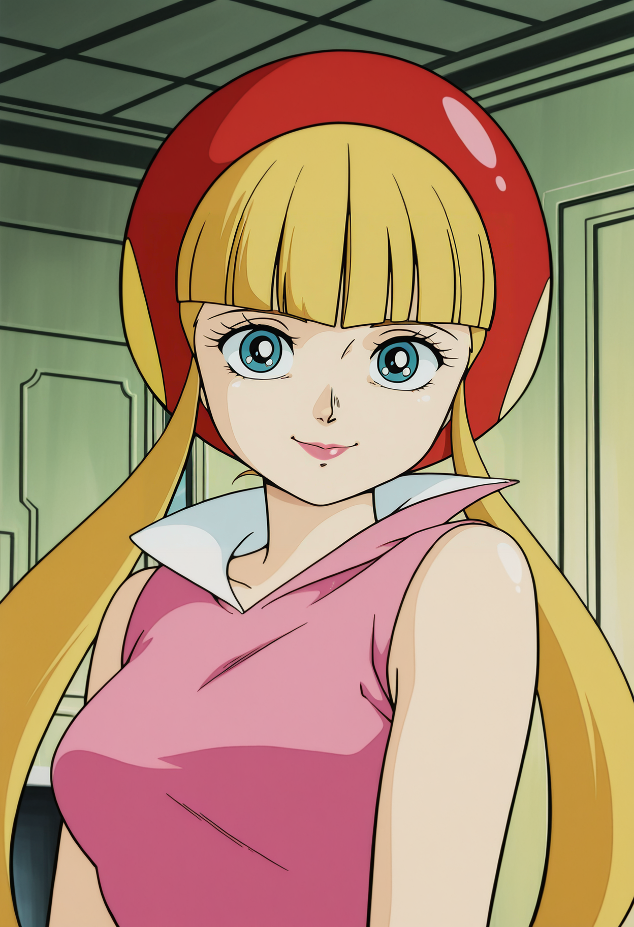 1girl,solo,mm,mature female,long hair,twintails,blue eyes,blonde hair,bangs,blunt bangs,lipstick,retro artstyle,anime coloring,
pink dress,sleeveless,helmet,red headwear,upper body, looking at viewer, smile,indoors
,masterpiece,best quality,amazing quality,<lora:Luna-Shinzou_Ningen_Casshan:0.8>