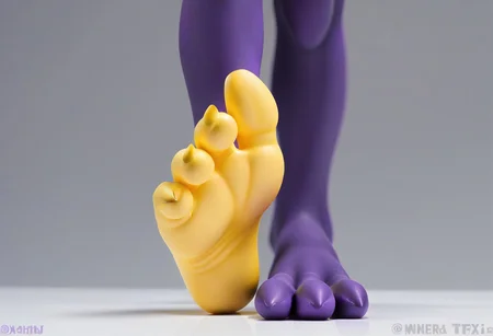 tox_amped, barefoot, purple feet, yellow soles, 3 toes, standing, foot focus, close-up