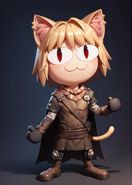 dark background, <lora:necoarc-guy-PONY-v1:1.2> necoarc, looking at viewer, full body, cat ears, :3, short hair, blonde hair, red eyes, cat tail, smile, slit pupils, chibi, <lora:Cayde-6_PonyXL:0.65> armor, scarf, cape, black gloves, hood,, BREAK score_9, score_8_up, score_7_up, score_6_up, score_5_up,