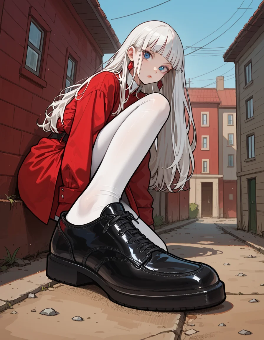 score_9, score_8_up, score_7_up, score_6_up, score_5_up, score_4_up, hud_sh03_sh0w, 1girl, solo, Green , Clogs, Gingham shirt dress, wide leather belt, white tights, and black ballet flats, Belle, Average Height, Skinny, Diamond-Shaped Face, Olive Skin, White Hair, blue Eyes, Short Nose, Pouty Lips, Receding Chin, Long Hair, Thick Hair, Blunt Cut Bangs, augmented breasts, Threader earrings, red velvet lipstick, Private preparatory school foreshortening, looking at viewer, <lora:showinshoes:0.8>, outdoors,