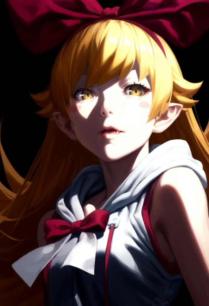 score_9,score_8_up,score_7_up,score_6_up, easynegative, SJ_Style, oshino shinobu,long hair,solo,blonde hair,yellow eyes,pointy ears,blush stickers,,fang, 1girl, upper body, pom pom (clothes), simple background, blonde hair, lips, hair bow, looking at the viewer, hood down, black background, sleeveless hoodie, bow hairband, nose, drawstring, ribbon, epiCPhoto