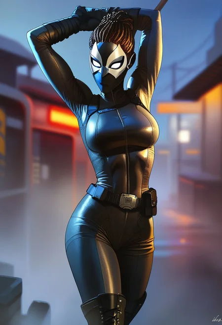 score_9, score_8_up, score_7_up, score_6_up, score_5_up, 1girl, African, Africanmask,
modern mask,
BlackPanther, Shuri, Marvel, white eyes, no pupils, black leotard, high leg leotard, black gloves, black boots, thigh high boots, mask, black mask, covered face, no mouth, large breasts, perky breasts,
BP_shuri, dreadlocks, bun, spear, futuristic outfit, belt, combat suit,
in urban environment, black bodysuit, at night, stretching,