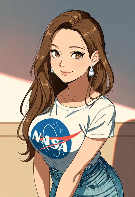 masterpiece, best quality, 1girl, solo, eyelashes, (beautiful eyes), looking at viewer, smile, N4S4, 1girl, long hair, skirt, brown hair, brown eyes, jewelry, earrings, lips, denim, denim skirt, ,<lora:NASAShirtAnime_IXL_v2:1.0>,