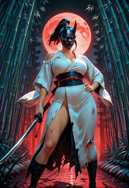 SmoothNoob_Quality, (ronin), demon mask, mature female, holding katana, perfect hands, hand on hilt, (hand on hip), (bamboo forest), (red moon in background), (dynamic wind effects), (torn clothes, torn kimono, battle damage), white kimono, tan skin, ponytail, long shadows, (red lighting), dark, standing, legs apart,