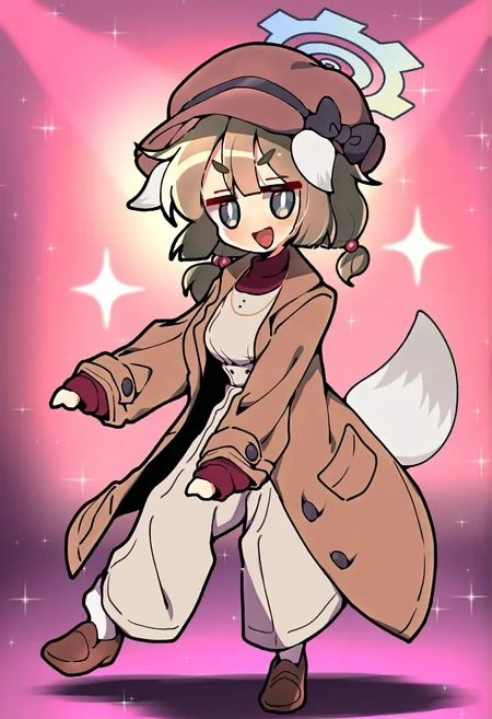 yakumo \(blue archive\), nib pen \(medium\), trench coat, white pants, high-waist pants, cabbie hat, thick eyebrows, white pupils, hair bobbles, short twintails, turtleneck, droopy ears, tail, dancing, >:D, necklace, best quality, full body, white vest, hat bow, white socks, brown footwear, <lora:yakumo_(blue archive)_2-000018:1>, itsuka neru, a girl with dog ears and tail wearing brown coat with white vest and necklace dancing