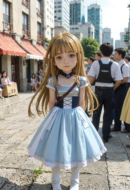 <lora:Hyper-SDXL-8steps-lora:1> <lora:Fixhands_anime_bdsqlsz_V1:1> zPDXL2, score_9, score_8_up, score_7_up, source_anime, intricate details, perfect anatomy BREAK
outdoors, city, tokyo, japan, audience, crowd, standing, arched back, arms behind back, looking at viewer, form side , head tilt, Relieved, Mouth turned up slightly, eyes wide open, and a relaxed jaw., 1girl, solo, solo focus,
<lora:driland-mikoto_XL(pony)v10:1> (chibi:0.6), driland-mikoto, blonde hair, long hair, brown eyes, driland-mikoto outfit, armored dress, breastplate, detached sleeves, blue skirt, white boots,