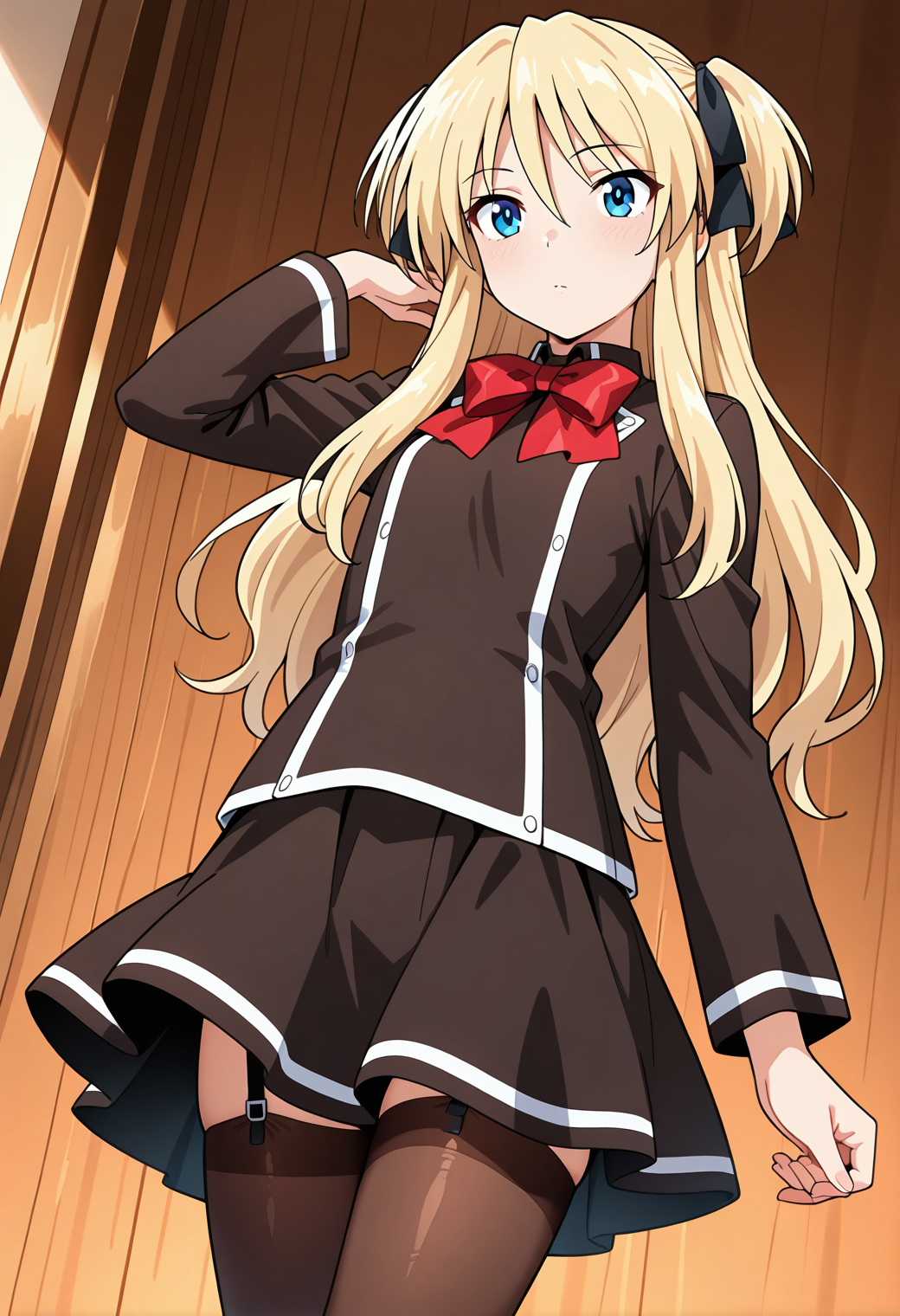masterpiece, best quality, very aesthetic, absurdres, 1girl, solo,
<lora:qma_shalon_v01:0.8>, qma_shalon, blonde hair, long hair, two side up, blue eyes,
black hair ribbon, school uniform, red bow, bowtie, skirt, brown tights, tights_under_skirt, garter straps, black pumps, light blush, posing, (from below:1.1)
