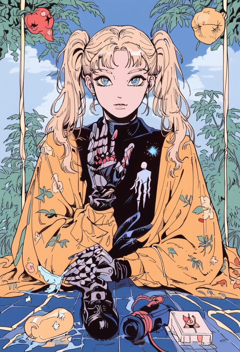 score_9, score_8_up, score_7_up, masterpiece, high quality, highly detailed, Vintage, 1girl, modern cyborg body, advanced tech, small build, cyborg arms, cyborg legs, glowing chest, cute human face, thick black eyelashes, bright blue eyes, twin tails, blonde hair, cute yellow summer dress, black sandals, looking at the viewer, cute smile, waving at the viewer, s4nh0m4y