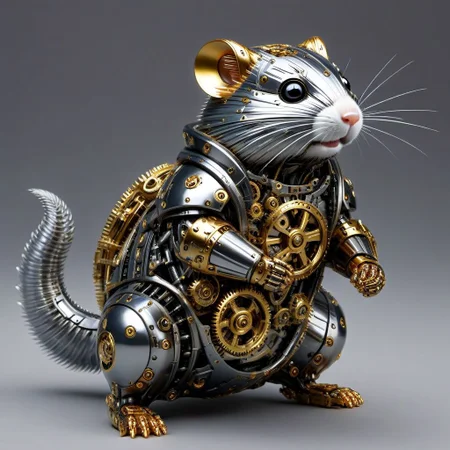 dzungarian hamster, steel, shiny and gold, tracked, robotizer, ribbed shell, armed, gears, sci-fi