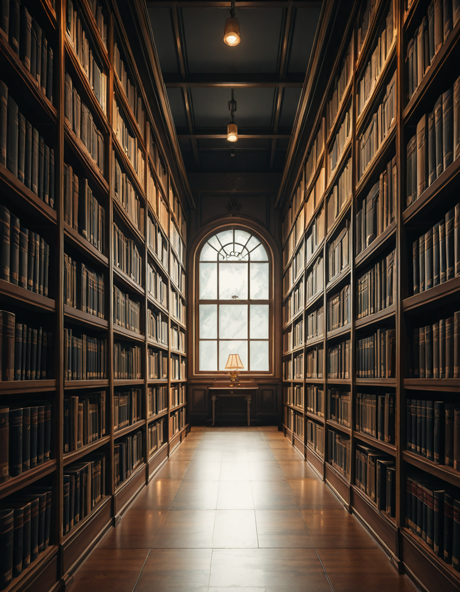 A quiet and dimly lit aisle in a grand university library, lined with tall wooden bookshelves filled with countless books of various sizes and colors. The shelves stretch high, nearly reaching the ceiling, with small ladders placed along the aisle for access to the upper rows. The soft glow of overhead lights casts a warm ambiance, illuminating the dust particles floating in the air. The floor is covered in polished hardwood or a subtle-patterned carpet, absorbing the quiet footsteps of visitors. At the far end of the aisle, a large window lets in a gentle stream of natural light, creating a contrast between the warm artificial glow and the cool daylight. Some books are slightly pulled out from the shelves, and a few are stacked on a nearby wooden table, suggesting recent use. The atmosphere is serene and intellectual, evoking a sense of knowledge, discovery, and timeless academia. The composition is symmetrical, drawing the eye down the center of the aisle, creating depth and perspective.
<lora:SDXLFaeTastic2400:0.4> <lora:extremely_detailed:0.4> extremely detailed, <lora:University_Library_41sl3-ill:1>,University Library 41sl3, Masterpiece,best quality,hi res,8k,hi res,8k,award winning,(sharp focus, intricate, highly detailed),