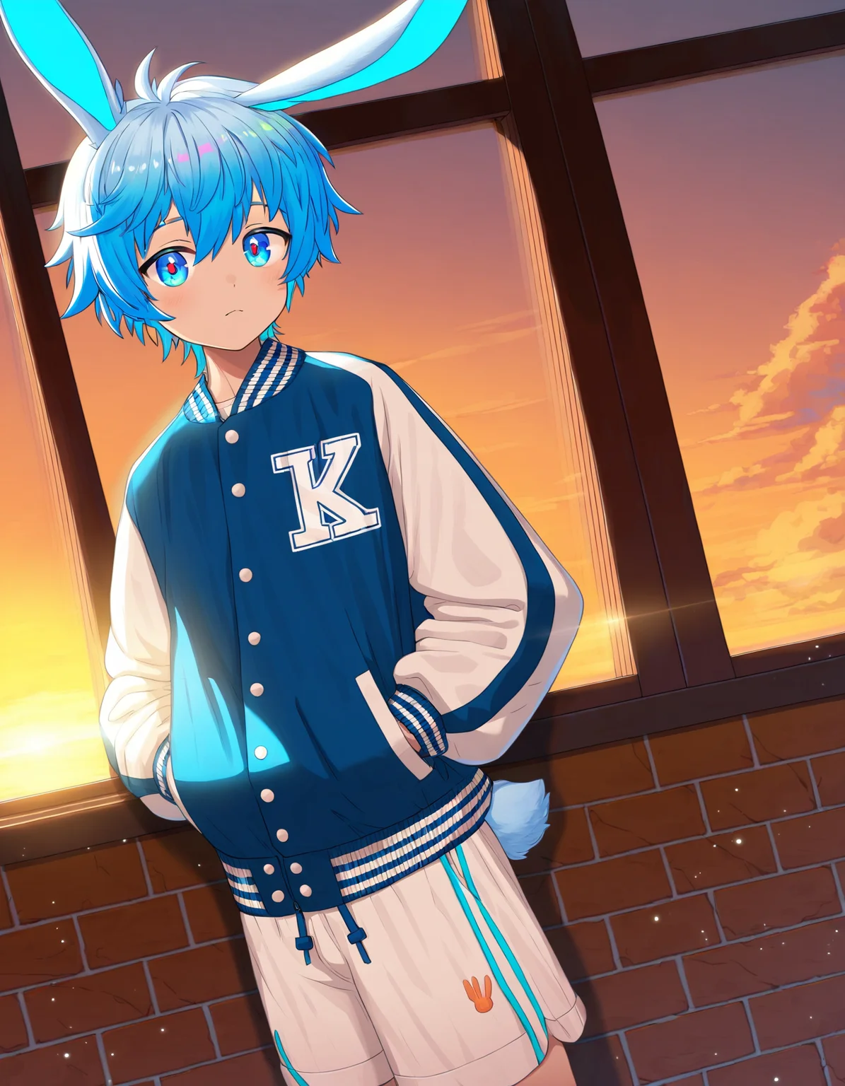 masterpiece, best quality, good quality, luye-style, indoors, brick wall, window, sunset, backlighting, dutch angle, 1boy, solo, blue hair, blue eyes, multicolor eyes, looking at viewer, letterman jacket, rabbit ears, rabbit boy, rabbit tail, white shorts, hands in pockets <lora:luye-yuan_naXL_v3c-ShoAI:1>