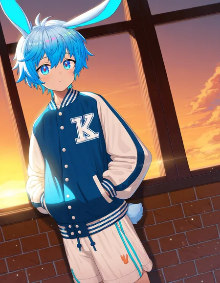 masterpiece, best quality, good quality, luye-style, indoors, brick wall, window, sunset, backlighting, dutch angle, 1boy, solo, blue hair, blue eyes, multicolor eyes, looking at viewer, letterman jacket, rabbit ears, rabbit boy, rabbit tail, white shorts, hands in pockets <lora:luye-yuan_naXL_v3c-ShoAI:1>