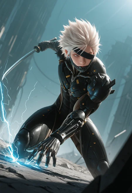 masterpiece, best quality, realistic,
1boy, solo, 
 depth of field, scenery, 
 <lora:RaidenMGRR_illusXLNoobAI_Incrs_v1:1> RaidenMGRDef, male focus, muscular male, white hair, spiked hair, short hair, cyborg, bodysuit, eyepatch, one eye covered <lora:Dynamic lighting[IL]:0.85> dynamiclighting, electricity, 
weapon, dynamic pose, dynamic angle, holding katana,