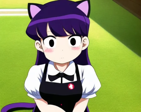 ((komi shouko)), (((anime))), ((cat ears)), masterpiece, komi-san wa komyushou desu, ((komi san)), Komi shouko wearing a maid outfit, purple hair, ((no mouth)), big eyes, ((black pupils))