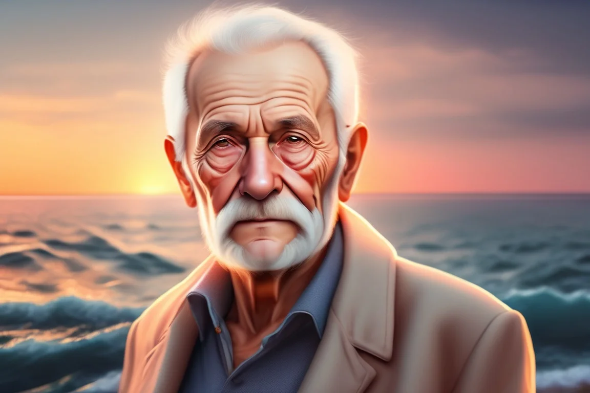 Old man with real skin, looking straight ahead, sunset sea background <lora:Lexica_XL_V1:1> Lexica art style