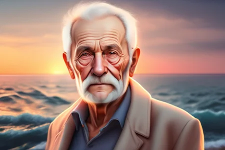 Old man with real skin, looking straight ahead, sunset sea background <lora:Lexica_XL_V1:1> Lexica art style