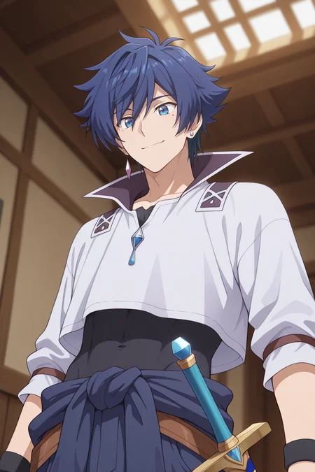 masterpiece, best quality, amazing quality,high resolution, intricate details,official style,depth of field,anime screencap, , , 1boy, solo, male focus, <lora:Allen_Westfelt:0.73>,allen westfelt,blue hair,blue eyes,spiky hair,short hair,mole,upper body,white shirt,jewelry,earring,cropped shirt,closed mouth,smile,sword,sheath,jump suit,from below,wristband,indoors