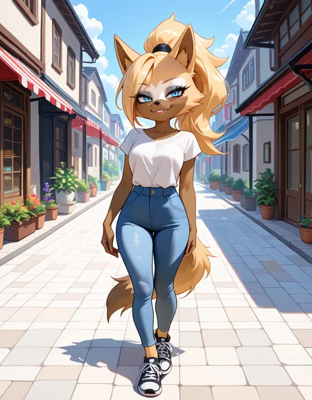 masterpiece, best quality, very aesthetic, absurdres,
outdoors, casual, 
full body, standing, posing, 
 seductive smile, parted lips, long eyelashes,
 <lora:Whisper_the_Wolf_v01_NAIXL:1>,
Wh15p3r,1girl,solo,furry,furry female,wolf girl,long hair,blonde hair,wolf ears,ponytail,blue eyes,makeup,anout,animal nose,fangs,body fur,two-tone fur,orange fur,brown fur,wolf tail,