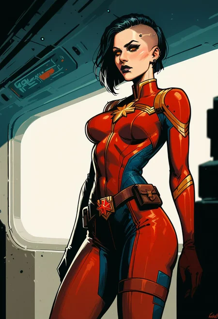 score_9, score_8_up, score_7_up, score_6_up, dcaustyle, 1girl, captain marvel, black and red bodysuit, glowing black, goth filr, raven, hair, undercut, pointy breasts, cowboy shot, spacecraft interior, 2d, glowing golden eyes,