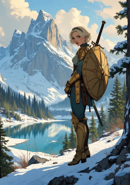 Anime art, Full-length, gorgeous fantasy blonde, naturally straight short platinum hair, tiara, tight golden armor, standing on a hill. Full, high breasts, tight waist, round thighs, blue eyes, no blush. Backdrop of fantasy highlands in winter, bright and cold winter colors, icy lakes and wooded areas, mixture of evergreen and deciduous, pixie hairstyle, diffused lighting, determined facial expression, intricate armor details. Sword and Shield on back.<lora:aidmaMJ6.1_v0.5_3:0.5>, <lora:Anime Art V3_Flux:0.5>