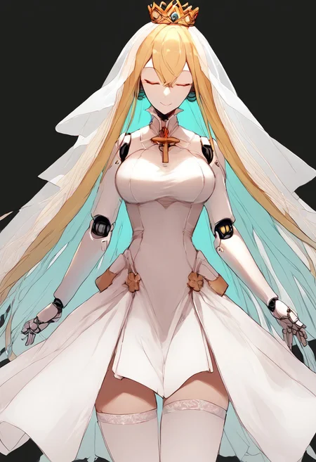 score_9, score_8_up, score_7_up, zPDXL, <lora:Pochincoff_style:0.95>pochincoffstyle, robot girl, humanoid robot, white skin, white thighhighs, white dress, wedding dress, boob window, closed eyes, gentle smile, skin-tight, machinery joints, one-tone background, white background, white and gold hair, slim waist, multicolored hair, Megavoir, arms out, arms pointed down, watson cross, long hair, crown, wrnchqupgr, light from above