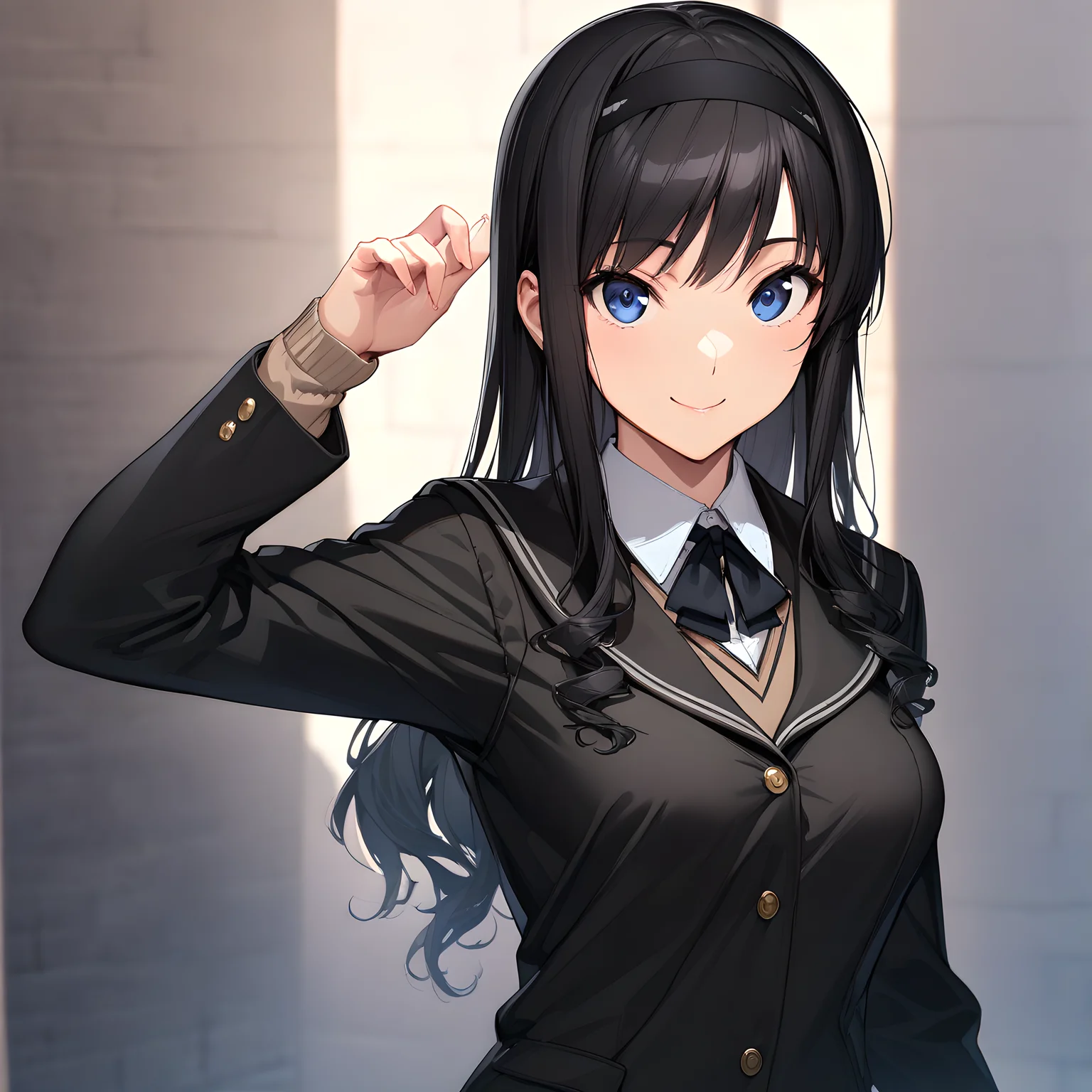 (masterpiece),(best quality),(ultra-detailed),(best illustration),(best shadow),(absurdres),(detailed background),(very aesthetic), haruka_morishima, 1girl, solo, kibito high school uniform, school uniform, hairband, long hair, blue eyes, black hair, long sleeves, smile, black jacket, jacket, <lora:Haruka_Morishima:1>